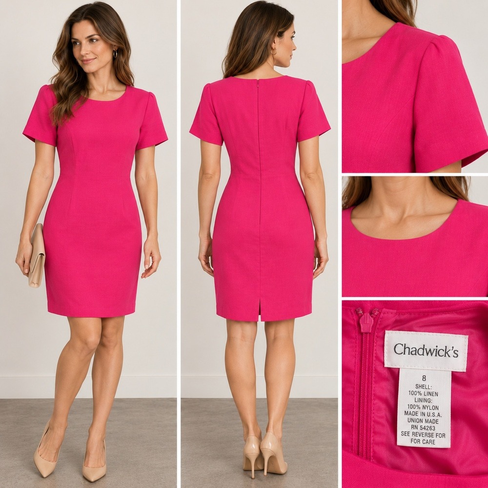 Vintage Chadwick's Pink 100% Linen Sheath Dress Size 8 Made USA Shoulder pads